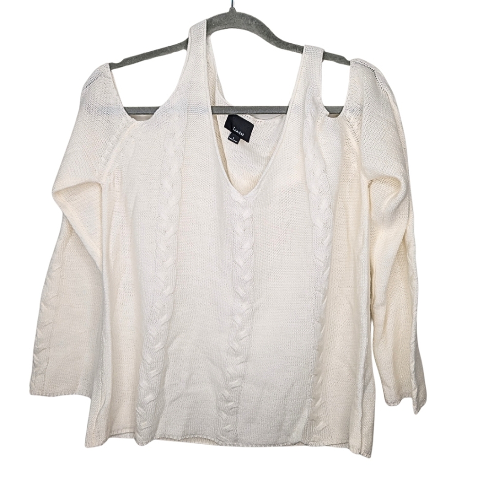 ✨ Lumière Cream Cold Shoulder Cable Knit Sweater | Size L